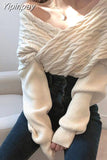 Yipinpay Off Shoulder Sexy V-neck Cross Loose Twist Patchwork Sweaters Solid Color Long Sleeve Knitted Pullovers Autumn Spring 2023