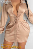 Yipinpay Women Studded Button Front Long Sleeve Satin Shirt Dress Party Dress  Sexy Dress for Women