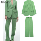 Yipinpay New Women Fashion Blazer Suit 2023 Female Spring Autumn Office Outfits Pockets Jackets Wide Leg Trousers High Street Wear