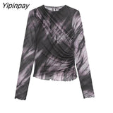 Yipinpay Fashion 2023 Spring Autumn Ladies Tulle Printed Sets Folds O-Neck Top A-Line Mid-Calf Skirts Long Sleeve Casual Suits
