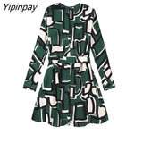 Yipinpay New Spring Summer Women Print Dresses 2023 With Belt Fashion Elegant O-neck Dresses Long Sleeve Mini Street Vestidos