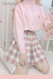 Yipinpay Japanese Cute Woolen Plaid Skirt Women Thicken Autumn Winter Pink Mini Skirts Chic Student Loose Elastic Waist Skirts