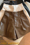 Yipinpay Women Chic Fashion Side Pockets Black Faux Leather Shorts Vintage High Waist Zipper Fly Female Short Pants Mujer PU Y2k Sexy