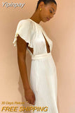 Yipinpay Women White Pleated Maxi Dress Sexy Flared Sleeves Hollow Out Folded Dresses Ladies A Line Dress Party Club Dress