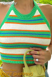 Yipinpay Women Sexy Backless Vest, Stripe Pattern Halter Neck Sleeveless Crop Tops, Blue/ Green