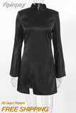 Yipinpay Flare Long Sleeve Black Backless Dress Women Club Slit Dress Spring Stand Collar Evening Mini Slim Dress Ladies 2023