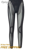 Yipinpay Women See-through Mesh Trousers Sexy High-Waisted Push Up Leggings Streetwear Punk Grunge Skinny Pencil Pants