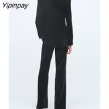 Yipinpay Women Velvet Blazer Suit Sets 2023 Spring Autumn 2Pcs Office Outfits Solid Jacket+Zipper Trousers Basic Long Pant Outwear