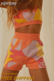 yipinpay 2023 Summer Knitted Print Sports Shorts Suit Tracksuit Women Sexy Beach Outfits Strap Top High Waist Shorts Two Piece Set