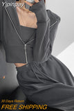 Yipinpay Streetwear Hooded Sweatshirts Women Autumn Design Double Zipper Hoodies Korean Slim Long Sleeve Crop Jacket Female