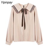 Yipinpay Sweet Women Blouses Vintage Preppy Style Sweet Lace Up Bow Turn-down Collar Solid Female Tops HOT