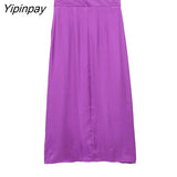 Yipinpay Vintage Womens Pleated Midi Skirt Female High Waist Chiffon Skirts Elegant Chic Solid Pleated Skirt Elastic Waist Skirt