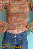 Yipinpay Vintage Rainbow Striped Knitted Sweaters Autumn Winter Crimping Long Sleeve Cropped Pullovers Jumpers Streetwear Chic Women