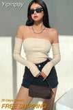 Yipinpay Female Crop Tops Solid Color Boat Neck Blouse Pullover With Long Sleeves For Summer Apricot/Black/White/Green/Purple Casual