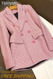 Yipinpay Quilted Cotton Tailored Coat Notched Pink Houndstooth Blazer Feminino Autumn Tweed Jacket Vintage Plaid Trench