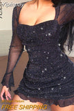Yipinpay Glitter Mesh Splice Ruffle Hem Mini Dress Sexy Square Collar Flare Sleeves Slim Dresses 2023 Party Club Ladies Dresswear