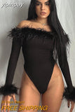 yipinpay Feather Top Long Sleeve T Shirt Women Off Shoulder Body Spring Fall Outfits Bodycon Solid Streetwear Black Bodysuits
