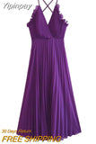 Yipinpay Pleated Backless Dress Woman Purple Slip Long Dress Women Ruffle Sexy Summer Dresses Elegant Party Dresses For Women 2023