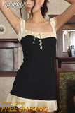 Yipinpay MO 2023 Summer Patchwork Ruffles Spaghetti Strap Mini Dress Chic Sleeveless Ruched Buttons Outfit Vintage Y2K Outfits