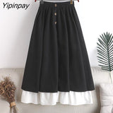 Yipinpay Spring Summer Women Skirt Oversize Korean Style A-line Patchwork Long Skirts High Waist Female Skirts Double Layer Ruffle
