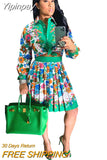 Yipinpay Pieces Set Sexy Spring Autumn Fashion Women Set 2023 Female Tops Floral Print Long Sleeve Shirt Zipper Mini Skirts