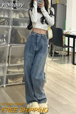 yipinpay Women Bottoms Blue Vintage High Waist Pants Casual Baggy Wide Leg Pants Fashion Street Straight Mopping Trouser Ladies Summer