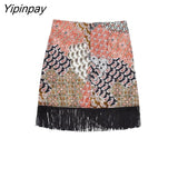 Yipinpay Fashion Women With Tassel Mini Skirts 2023 Summer Vintage High Waist Bow Tied Draped Zipper Female Skirts Mujer