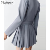 Yipinpay Elegant Women Gray Blazer Dresses With Belt 2023 Fashion Office Outfits Mini Dress Notched Collar Long Sleeve Dress