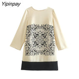 Yipinpay Spring Summer Women Printed Mini Dresses 2023 Elegant O-neck Party Thin Dress Causal Long Sleeve Straigh Vestidos
