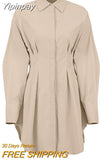 Yipinpay Spring Summer Bodycon Dress Women Khaki Long Sleeve Pleated Shirt Dress Office Ladies Solid Lapel Casual Mini Dresss