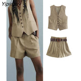 Yipinpay 2Pcs Ladies Vest Blazer Sets 2023 Pretty V-neck Solid Single Breasted Jacket+A-Line Short Trousers With Belt Basic Suits