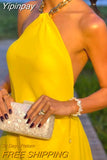 Yipinpay Women Elegant Chain Halter Backless Dresses 2023 Summer Fashion Chic Yellow A-Line Vestidos Evening Party Ladies Maxi Dresses