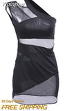Yipinpay Size 2023 Summer Sexy Dress Women Party Fits Fashion Lace Dress See Through Bodycon One-Shoulder Mini Dresses + T-back Free