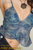 Yipinpay Mesh V Neck Women Camis Ruffled Sexy Backless Crop Tops Blue Burgundy See Through Summer Sleeveless Top Y2K