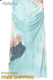 Yipinpay Print Tulle Skirt Woman High Waist Mesh Midi Skirt With Slit Ruched Stylish Long Skirts For Women Fashion 2023 Summer Skirt