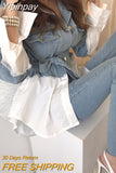 Yipinpay Stitching Fake Two Piece Lapel Long Sleeve Single Breasted Slim Waist Lace Up Vintage Denim Coat Women Jacket Sashes