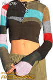 Yipinpay Women Sun-protective Crop Tops Sweater Spring Autumn 2023 y2k Clothes Contrast Color Long Sleeve Round Neck Patchwork Cardigan
