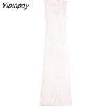 Yipinpay Elegant Women Solid Hollow Out Dresses 2023 Summer O-neck Sexy Mid-Calf Dress Fashion Causal Sleeveless Vestidos