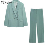 Yipinpay 2023 Autumn Winter Ladies Blazer Pant Sets Office Outfits Long Sleeve Double Breasted Jacket Zipper Trouser Notched Outwear