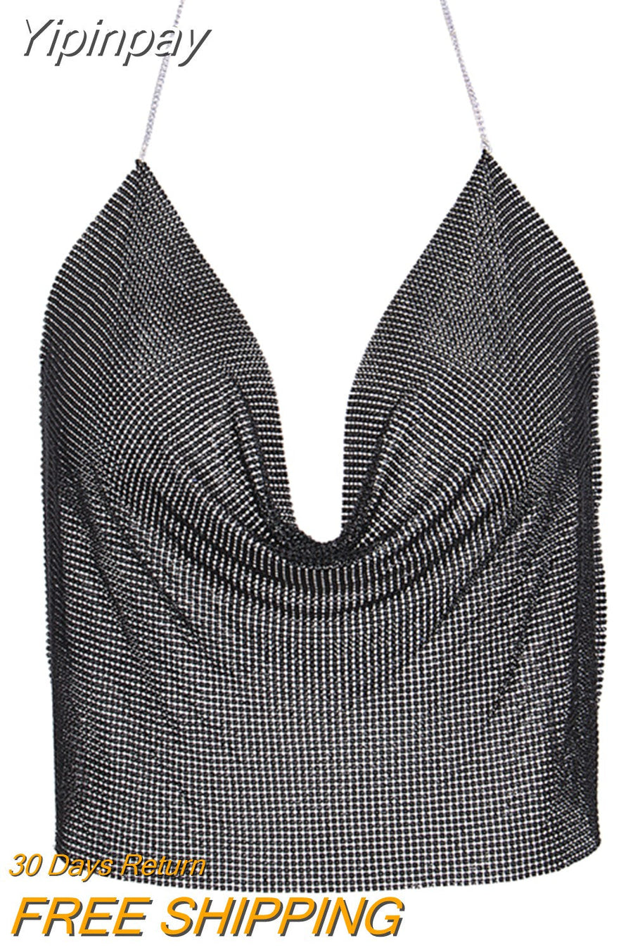 Yipinpay Sexy Sequins Women Camis Metal Women Summer Top Crop Top 2023 New Club Backless Bralette Beach Halter Party Camisole 920
