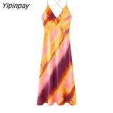Yipinpay Elegant Women Print Mid-Calf Camisole Dress 2023 Summer V-neck Party Backless Vestidos A-Line Sleeveless Dress Outwear