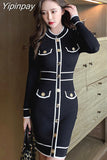Yipinpay Button Knit Dress O-Neck Long Sleeve Sweater women's Dresses Mini Autumn 2023 Short Robe Korean Sexy Club French elegant