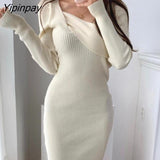 Yipinpay Autumn Winter Cross Neck Slim Waist Solid Knitted Dress Women Full Sleeve Elegant Midi-calf Sweater Bodycon Dresses