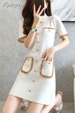 Yipinpay Pocket Button Knit Dress Mini A Line Femme Robe 2023 Summer French Elegant Retro Slim Elegant Casual Short Sleeve Vestidos