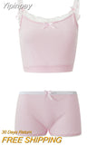 Yipinpay Women Y2K Vintage 2PCS Heart Hollow Lace Trim Bow Pajamas Sets Sleeveless Lace Trim Camisole+Low Waist Elastic Shorts