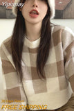 Yipinpay Crop Contrast Check Sweater Women Sueter Mujer Casual Knit Outwear Top 2023 Shirts for Women Blue Plaid Sweaters