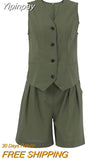 Yipinpay Street Style Green Shorts Suits Cotton Linen Two Pieces Vest Top Shorts Casual Sets 2023 Office Ladies Shorts Outfit