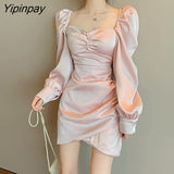 Yipinpay Long Sleeve Elegant Evening Dress Midi Autumn Winter Korean Sexy See Through Dress Club Bodycon Solid High Waist