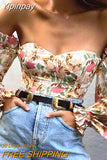 Yipinpay Chic Women Floral Off Shoulder Blouse Tops Sexy Frill Long Lantern Sleeve Strapless Corset Tops Fashion Slim Fit Tops