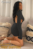 Yipinpay Backless Mini Knitted Dress Women Autumn Long Sleeve Top Hollow Out Pullovers Party Club Casual Bodycon Turtleneck Sweater